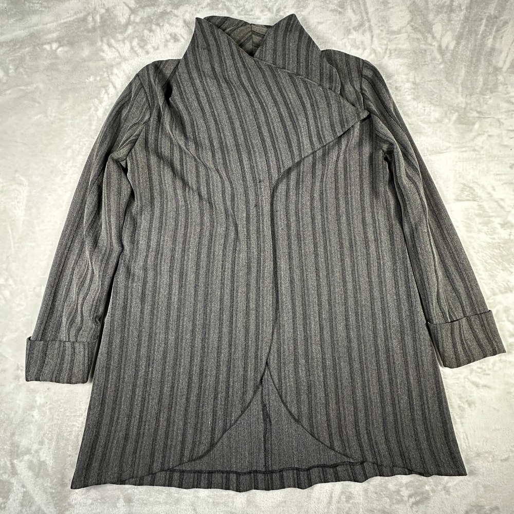 Ashley Stewart Coat Womens 14 Black Gray Striped Asymmetrical Shawl Collar